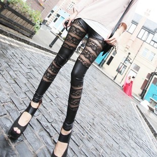 2013 spring pencil pants rose lace faux leather horizontal stripe double ankle length legging