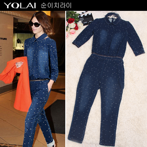 2013 Spring Peter Pan Collar 3-quarter Sleeve Hole  Demin Overalls Jumpsuit for Women Free Shipping