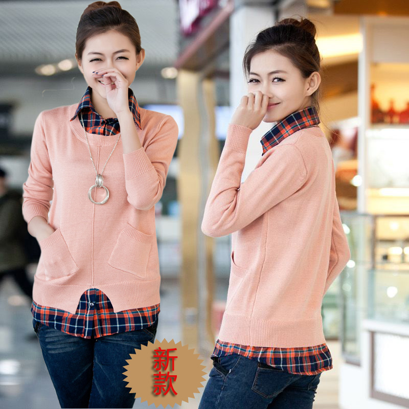 2013 spring plaid shirt square collar patchwork faux two piece basic shirt sweater female