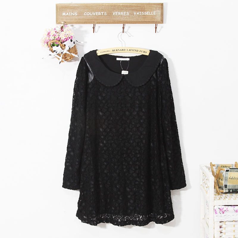 2013 spring plus size clothing mm leather mosaic lace one-piece dress peter pan collar loose long-sleeve basic