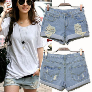 2013 spring plus size clothing plus size summer mm loose mid waist roll up hem denim short trousers