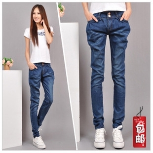 2013 spring plus size denim trousers female of buttons elastic pencil pants 708