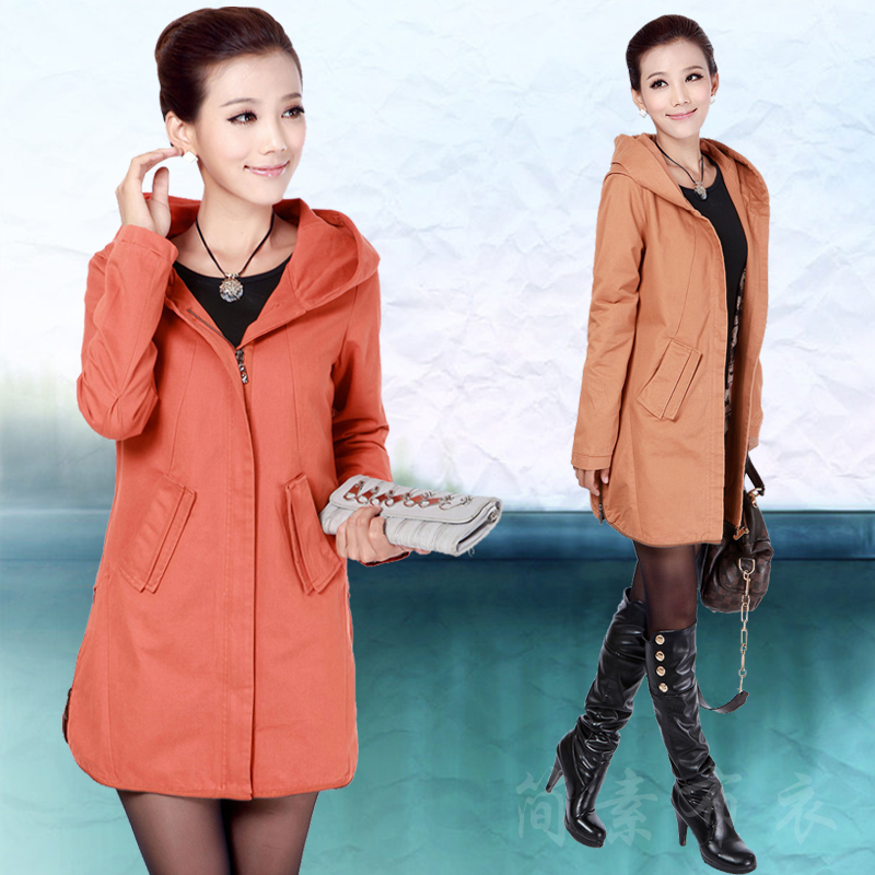 2013 spring plus size fashion women's casual with a hood 100% medium-long cotton trench outerwear female Free Shipping