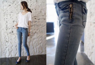 2013 spring pocket zipper thin water wash skinny jeans mushroom