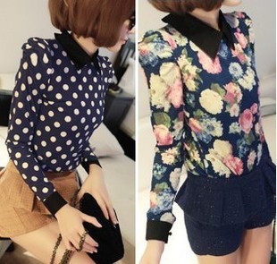 2013 spring polka dot flower color block decoration shirt collar puff sleeve suede fabric basic t-shirt female