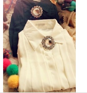 2013 spring preppy style turn-down collar rhinestone gem chiffon royal vintage pleated shirt brooch