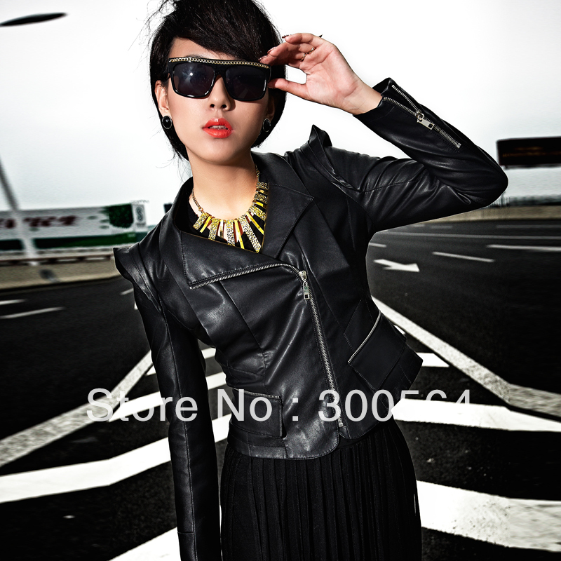 2013 spring PU motorcycle female short design leather clothing, slim jacket outerwear,Black_one