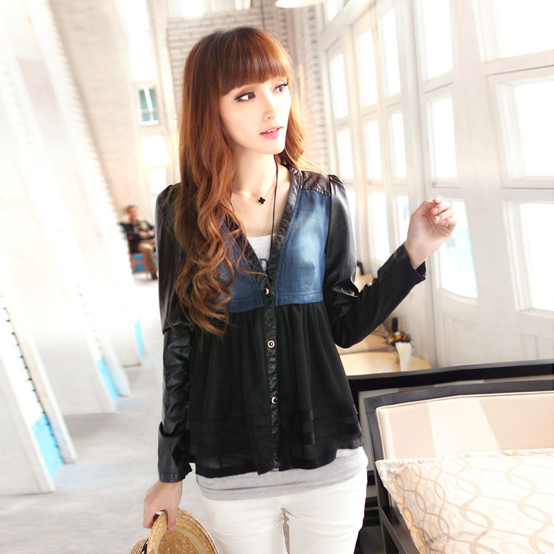 2013 spring PU patchwork denim outerwear women's slim Women long-sleeve top