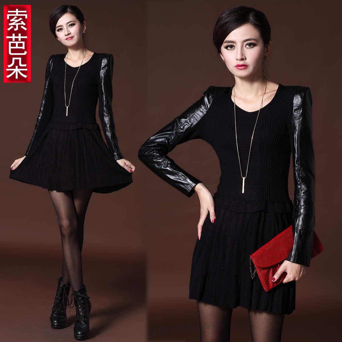 2013 spring quality dress leather sheepskin sweater dress knit dress genuine leather knitted one-piece dress