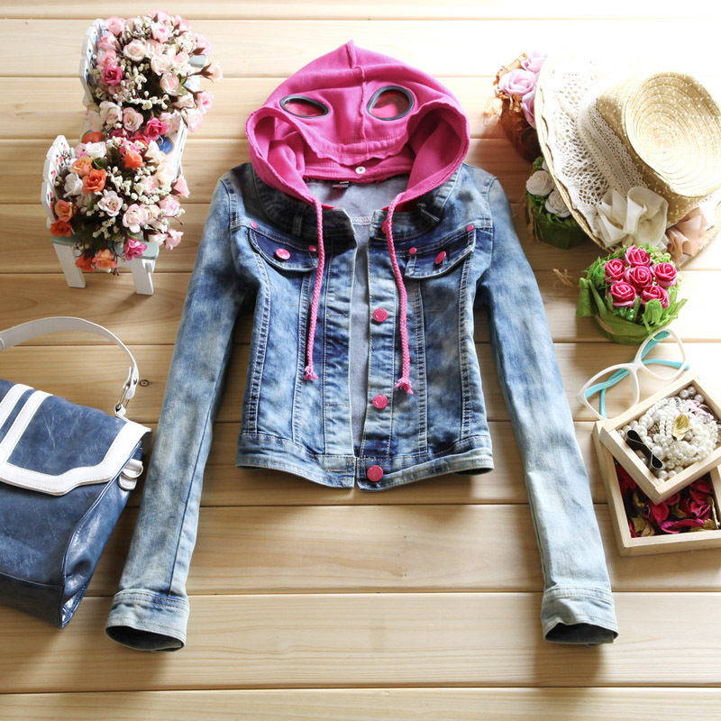 2013 spring reminisced Women water wash patchwork long-sleeve hooded short design denim outerwear top denim coat