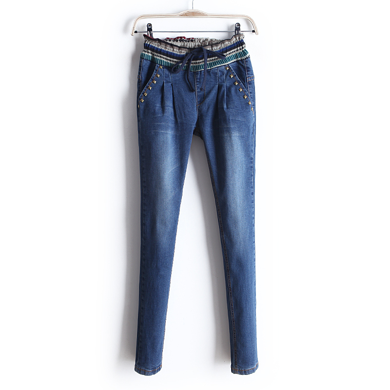 2013 spring rivet decoration elastic waist pleated wearing white casual skinny jeans wk1588