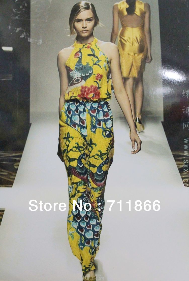 2013 Spring Runway Fashion Printed Yellow Peacock  Jump Suit Women, Free Shipping