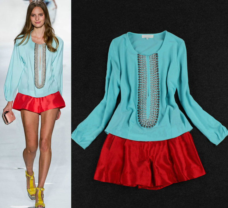 2013 Spring Runway Fashion Women's Fresh Blue Rivets Long Sleeve Casual Top +Red Shorts Stylish Clothes Sets SS13029