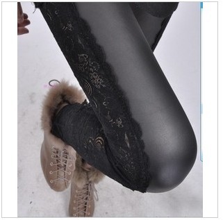 2013 spring sexy legging PU pants female lace faux leather patchwork plus size elastic legging