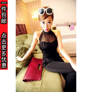 2013 spring sexy perspective vintage high waisted  AP-113 gauze halter-neck slim jumpsuit summer jumpsuit