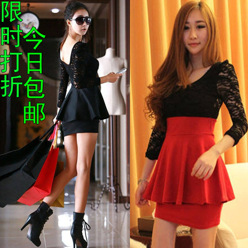 2013 spring sexy slim hip long-sleeve lace patchwork autumn and winter basic one-piece dress