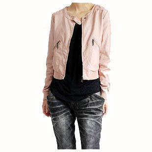 2013 spring short design o-neck long-sleeve slim simple zipper PU water washed leather outerwear leather clothing