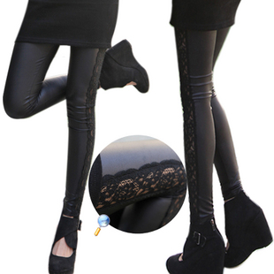 2013 spring sidepiece meat decorative pattern lace patchwork faux leather pants female ankle length legging