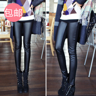 2013 spring skin after thickening cotton patchwork faux leather legging pants slim ankle length trousers skinny pants