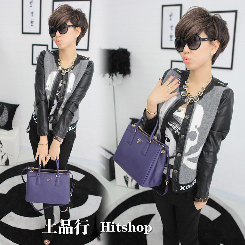 2013 spring skull yarn patchwork slim leather clothing short jacket