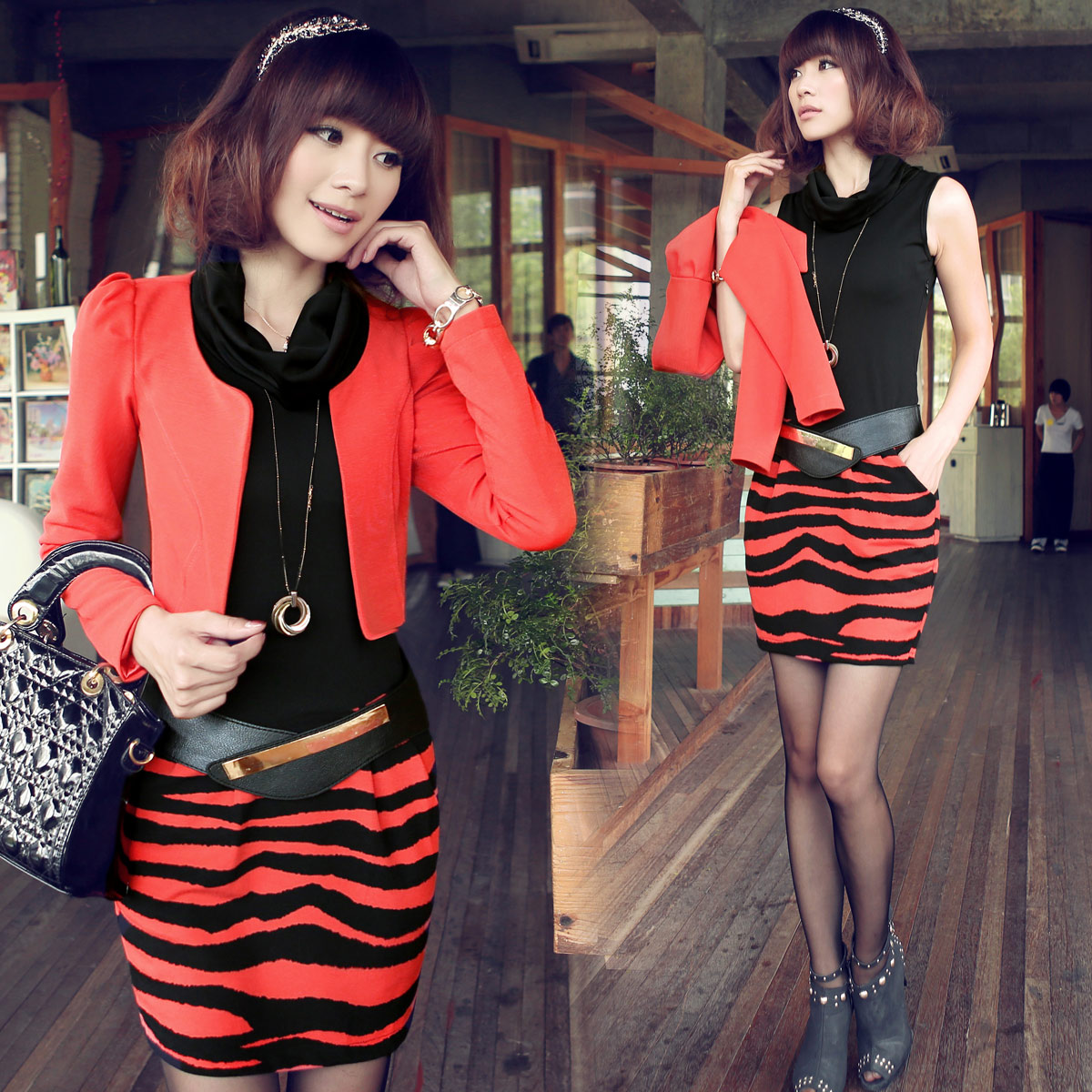 2013 spring sleeveless one-piece dress set twinset heap turtleneck set