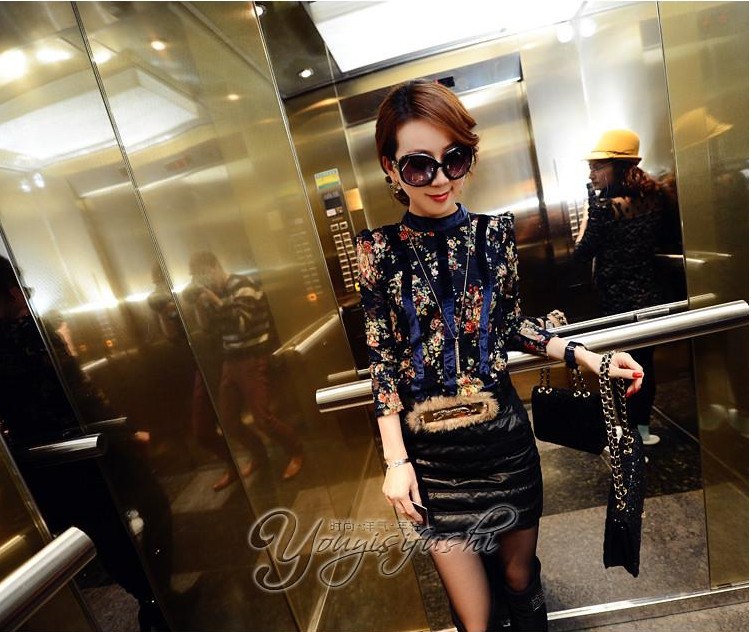 2013 spring slim chiffon lace basic shirt top national trend print turtleneck long-sleeve T-shirt female