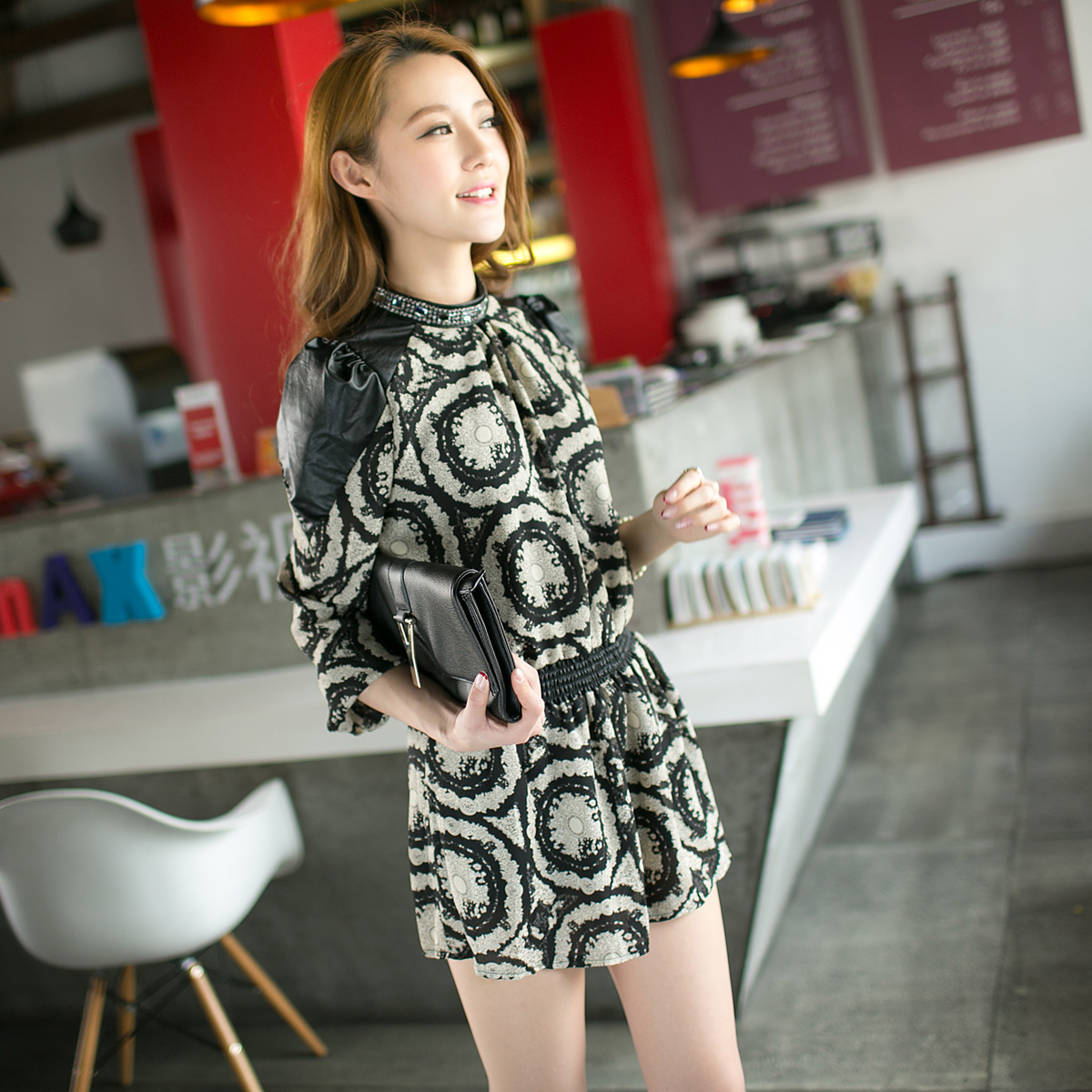 2013 spring slim diamond leather long-sleeve chiffon one-piece dress q273