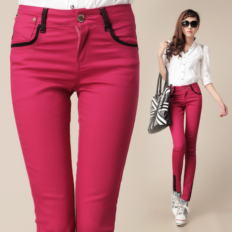 2013 spring slim fashion print button decoration faux denim skinny pants long trousers