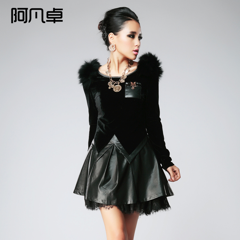 2013 spring slim fur collar PU patchwork skirt decoration leather lace one-piece dress