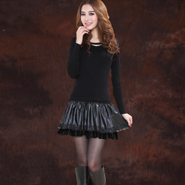 2013 spring slim medium-long knitted sweater basic lotus leaf lace patchwork leather skirt one-piece dress