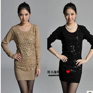 2013 spring slim medium-long paillette women's basic knitted sweater shirt