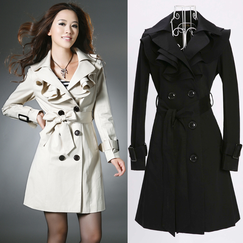 2013 spring slim ol elegant double breasted ruffle collar long design trench outerwear plus size