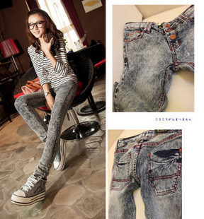 2013 spring slim pants female jeans wash water wearing white schoolgirl skinny pants pencil pants