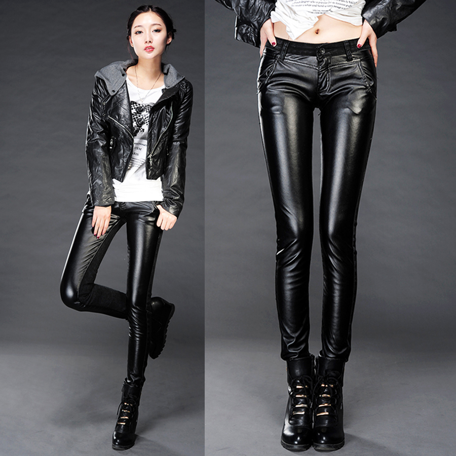 2013 spring slim PU patchwork black jeans skinny pants female free shipping