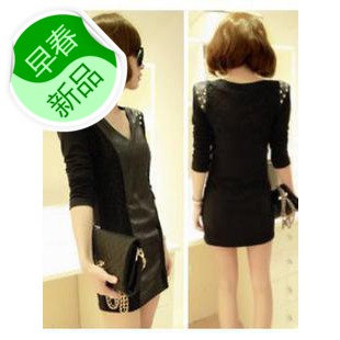 2013 spring slim sexy slim hip leather skirt basic skirt lace long-sleeve dress