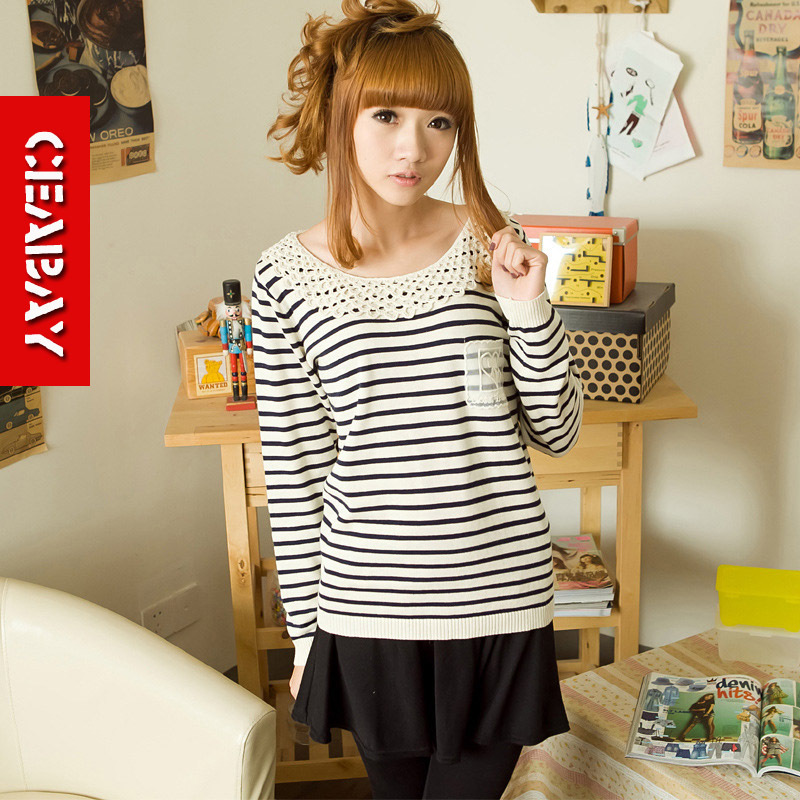 2013 spring small fresh all-match preppy style fine stripe plus size lace decoration basic sweater