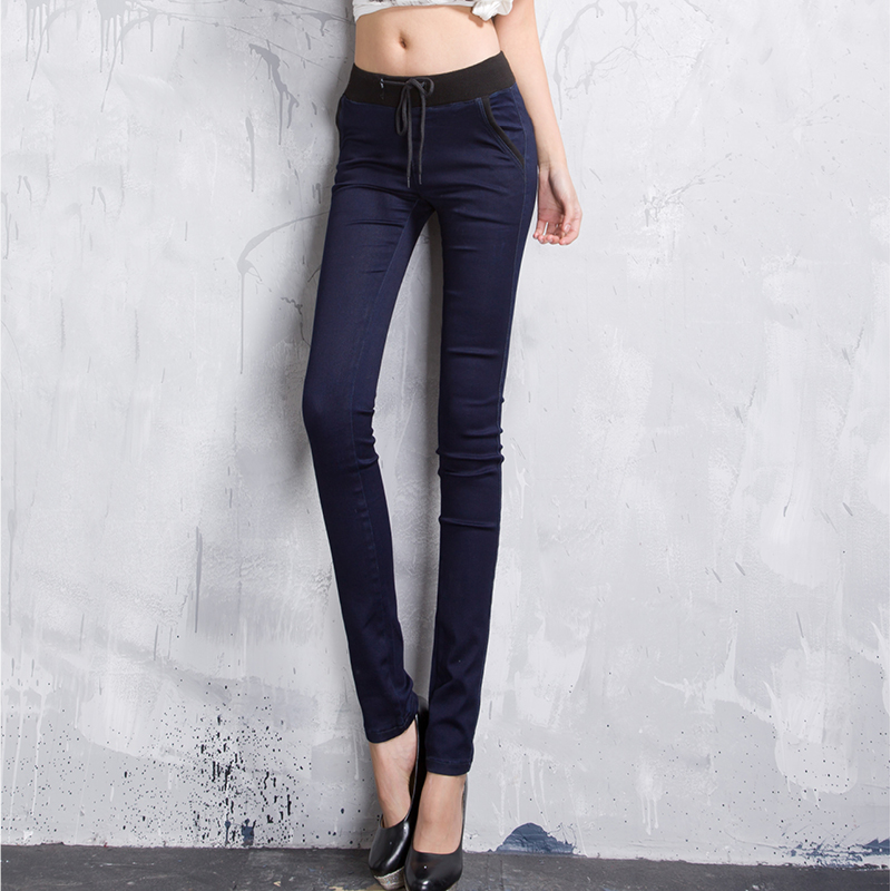 2013 spring soft washed cotton drawstring high waist denim skinny pants tight fitting female elastic pencil pants