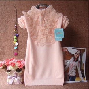 2013 spring solid color lace long-sleeve pullover sweater female slim bow