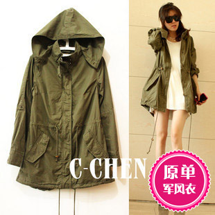 2013 spring street drawstring slim waist with a hood olive trench tooling overcoat outerwear w226p85