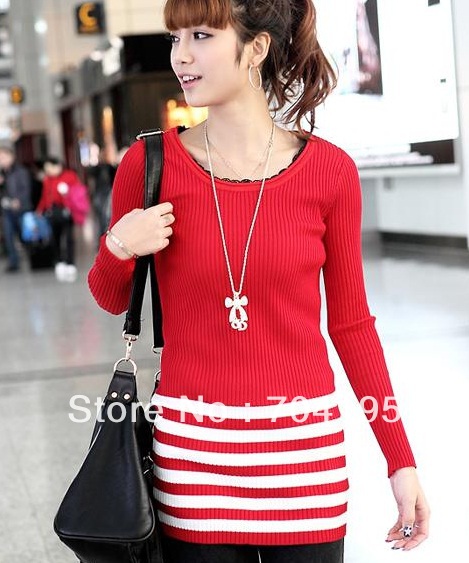 2013 spring style  Long sleeve Knitwear , women's lace collar  shirt sweater       Fashion stripe pullover  Shirt.