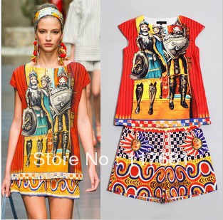 2013 Spring/Summer Catwalk Stylish Women's Vintage National Trend Soldier Colorful Print Shirt Tops+ Shorts 2pcs Clothes Set