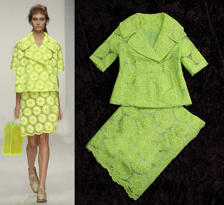 2013 Spring/Summer Europe Fashion Embroidery Flower Neon Green Shirt Suit Skirt Fashion Catwalk Clothes Set SS12590