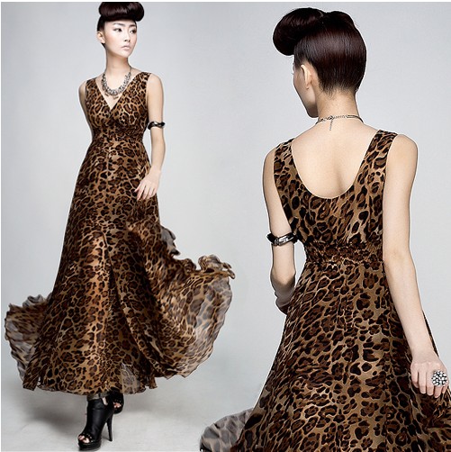 2013 Spring Summer Lepopard Print women's  Long Chiffon Dress double layer one-piece dress Fashion dress Free Shipping