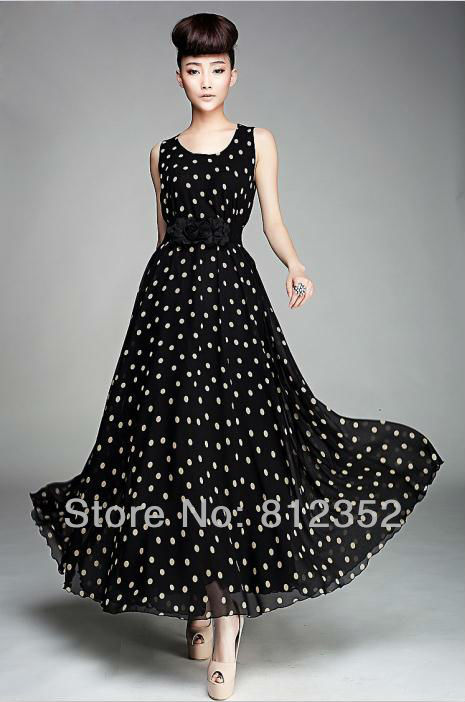 2013 spring summer new fashion korean stylish black long bohemian silk chiffon tank dresses for women plus size sundress + belt