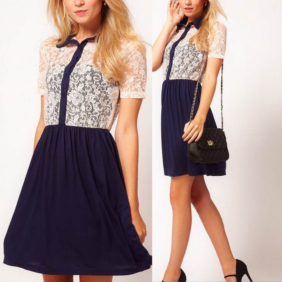 2013 Spring Summer New Fashion Ladies Lace Shirt Vintage Mini Dress Women Lace Mini Dress , Casual Dresses Free Shipping Blue