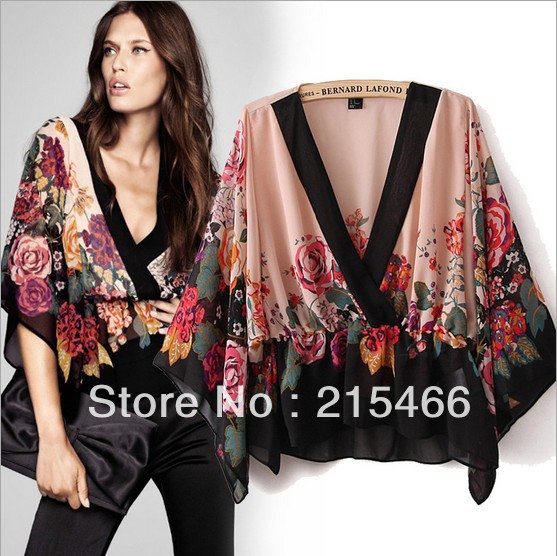 2013 Spring Summer New Women's Chiffon Short Blouse Tops Floral Print V-Neck Half Batwing Sleeve Fashion Free Shipping S/M