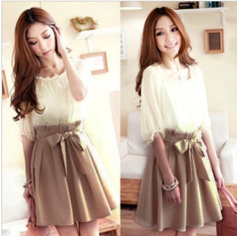 2013 spring summer new womens bow chiffon skirt Court style Retro Lace dress X003