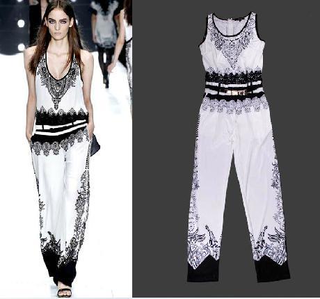 2013 Spring/Summer Runway Fashion Ladies Black & White Colorblock Print Sleeveless Jumpsuit Casual Overalls Rompers