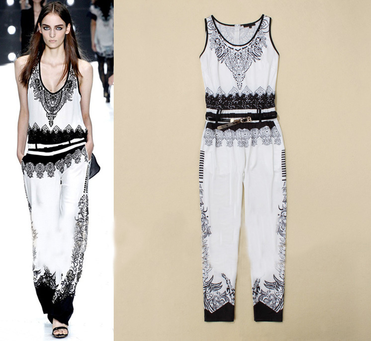 2013 Spring/Summer Runway Fashion Ladies Black & White Colorblock Print Sleeveless Jumpsuit Casual Overalls Rompers SS13026