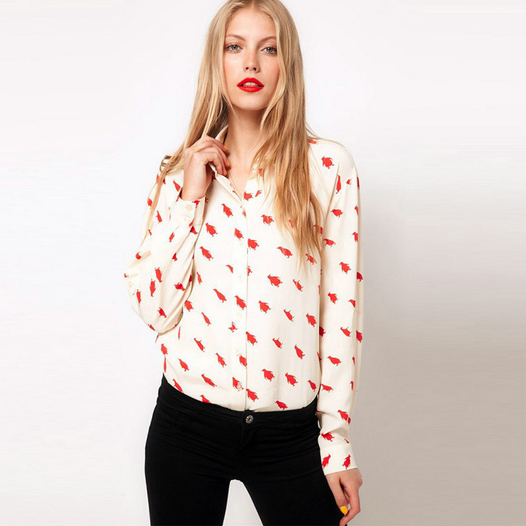 2013 spring&summer, sweet cute penguin printed adjustable sleeve ladies blouse shirt